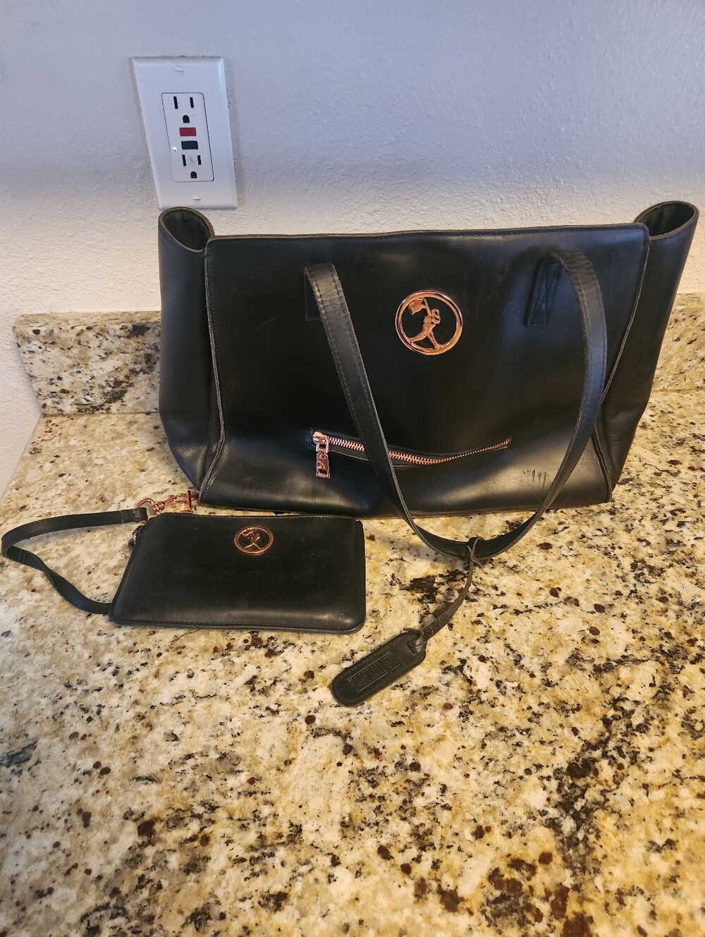 Baseballism Black Glove Leather Tote Bag Rose Gold Hardware w/ Matching Wristlet